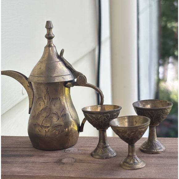 VTG Brass Indian Coffee Pot 9" w/ 3 Goblets | Miniature Dallah Decor Etched Set - Picture 2 of 16